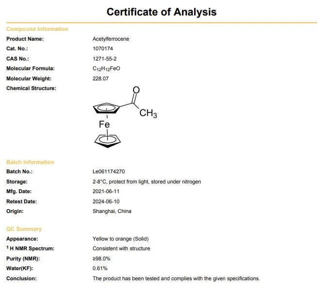 Acetyl Ferrocene COA CAS 1271-55-2 | Shaanxi BLOOM Tech Co., Ltd Acetyl Ferrocene COA CAS 1271-55-2 | Shaanxi BLOOM Tech Co., Ltd